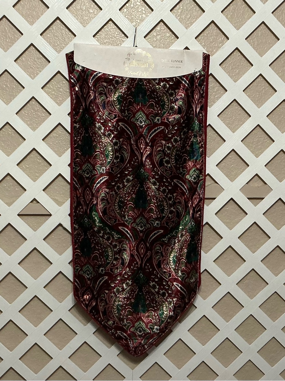 “Festival of Light” Burgundy & Green Paisley Print Velour Table Runner